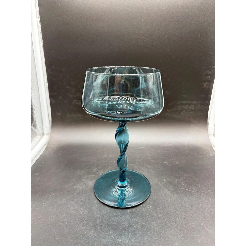 Vintage Teal Blue Twisted Stem Glass Coupe Champagne Cocktail Mid Century Modern